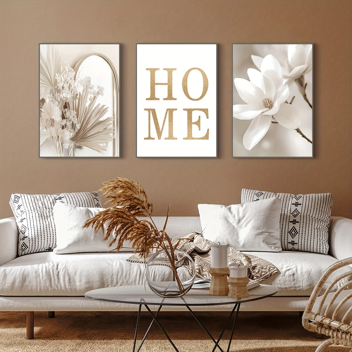 （NO Frame 3PCS）-3pcs Frameless Canvas Poster, Modern Art, Beige Fan Leaf, White Floral Print, Wall Art Canvas Painting, Bedro