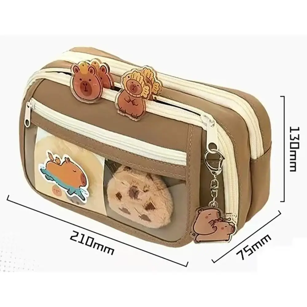 Large Capacity Pencil Bag Capybara Cartoon Stationery Holder Bag With Brooches Stickers Clips Keychains Children Pen Case