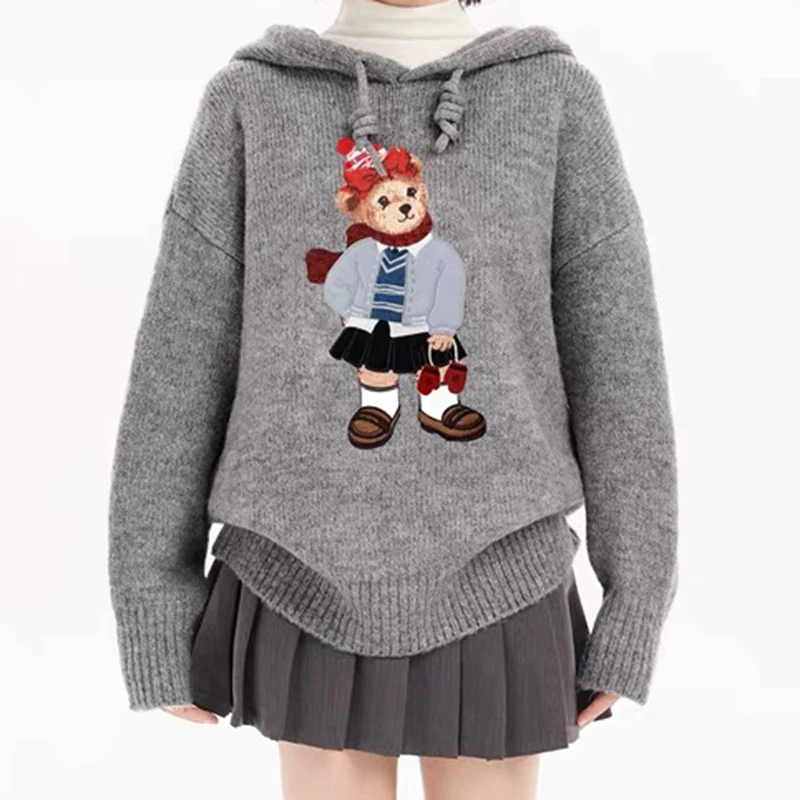 

Women's Gray Cartoon Cute Bear Embroidered Hooded Pullover Knitted Sweater Y2k Japanese Harajuku Loose Base Long-Sleeved Sweater