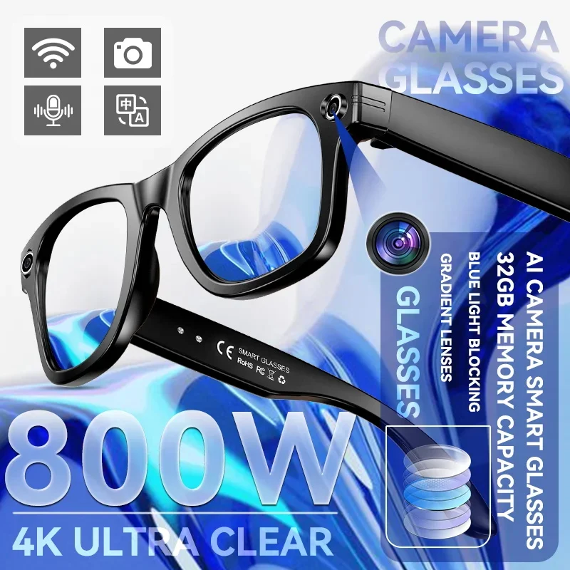 New Leisure Camera Smart Glasses 800W 32GB Memory AI Translation Voice Assistant Video Recording Men Anti Blue Light Sunglasses