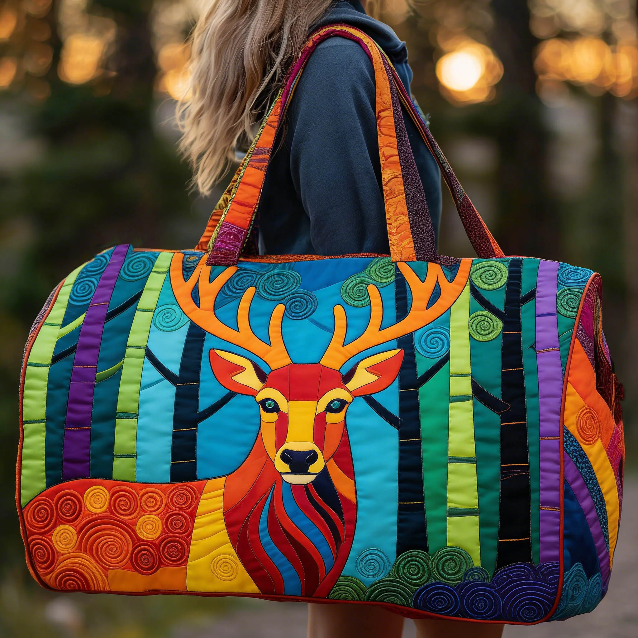 

Bohemian Colorful Deer Forest Quilted Duffle Bag Women Large Capacity Travel Overnight Handbag for Weekend Getaway