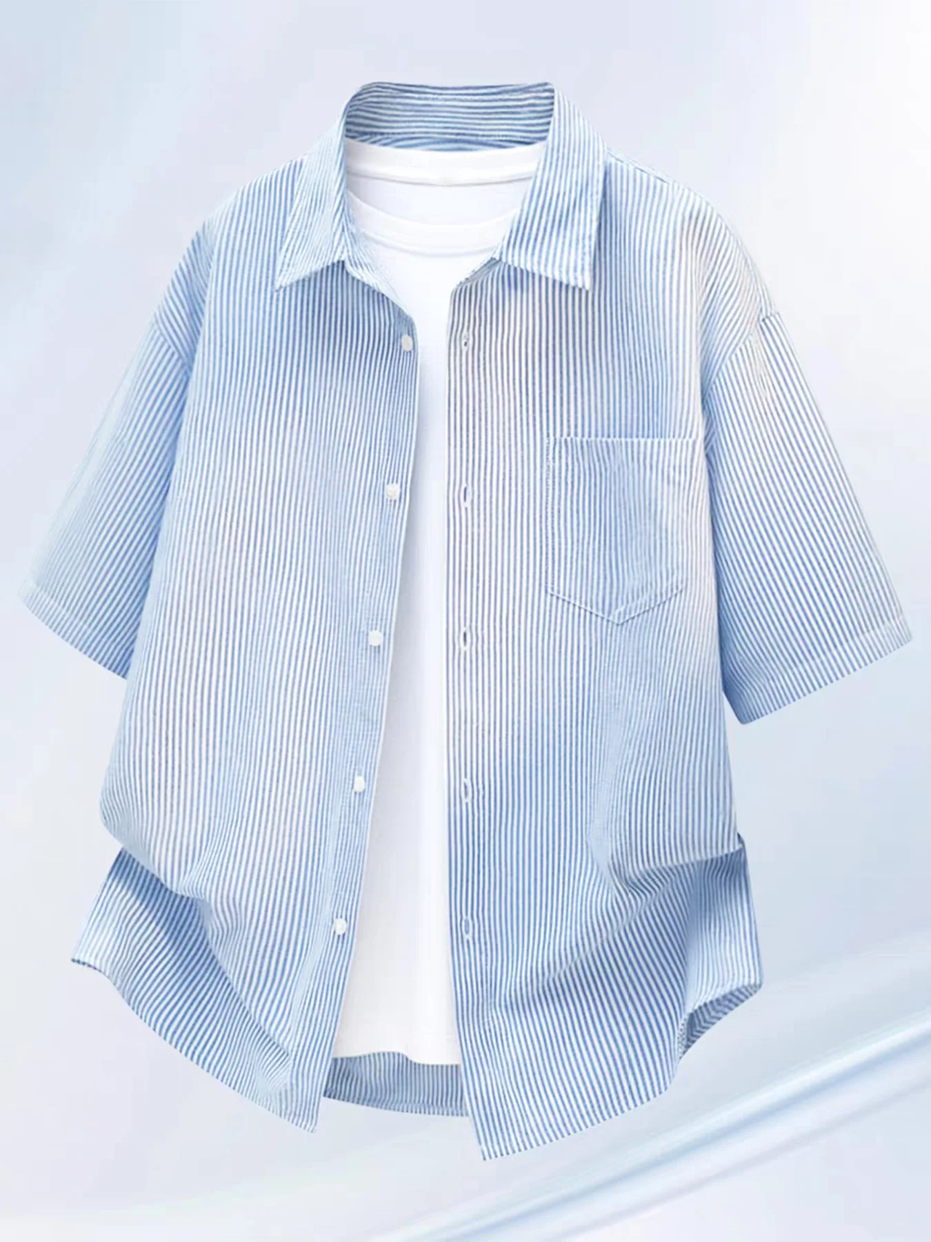 Summer fashion men's cartoon fun back print collar short sleeve casual thin stripe simple shirt