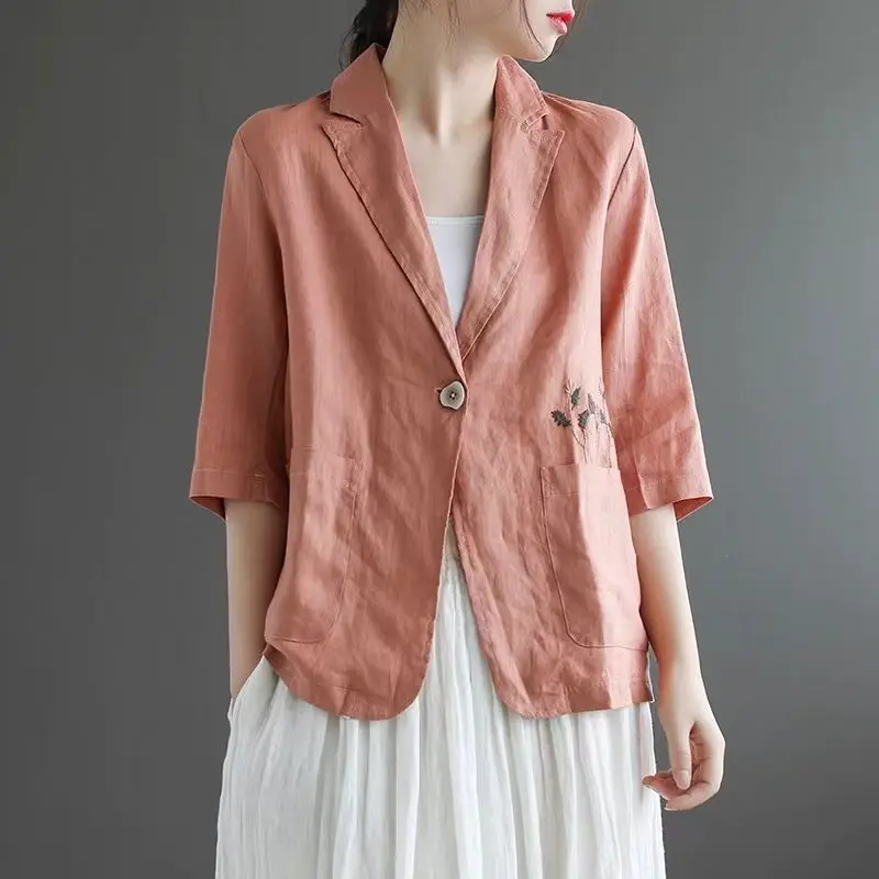 Spring Summer Temperament Office Lady Leisure Loose Linen Blazer Coats For Women Single Buckle Vintage Embroidery Thin Suit Tops