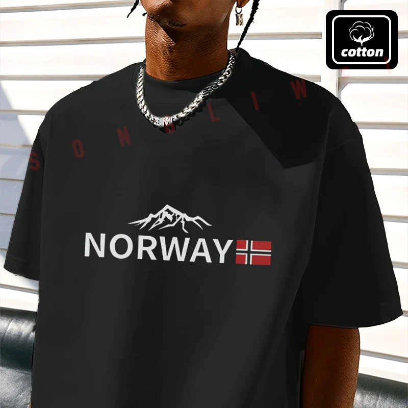 

Men's Cotton T-Shirt NORWAY Lettering Snow Mountain Motorcycle Tshirt Men's Casual Short Sleeve Tee