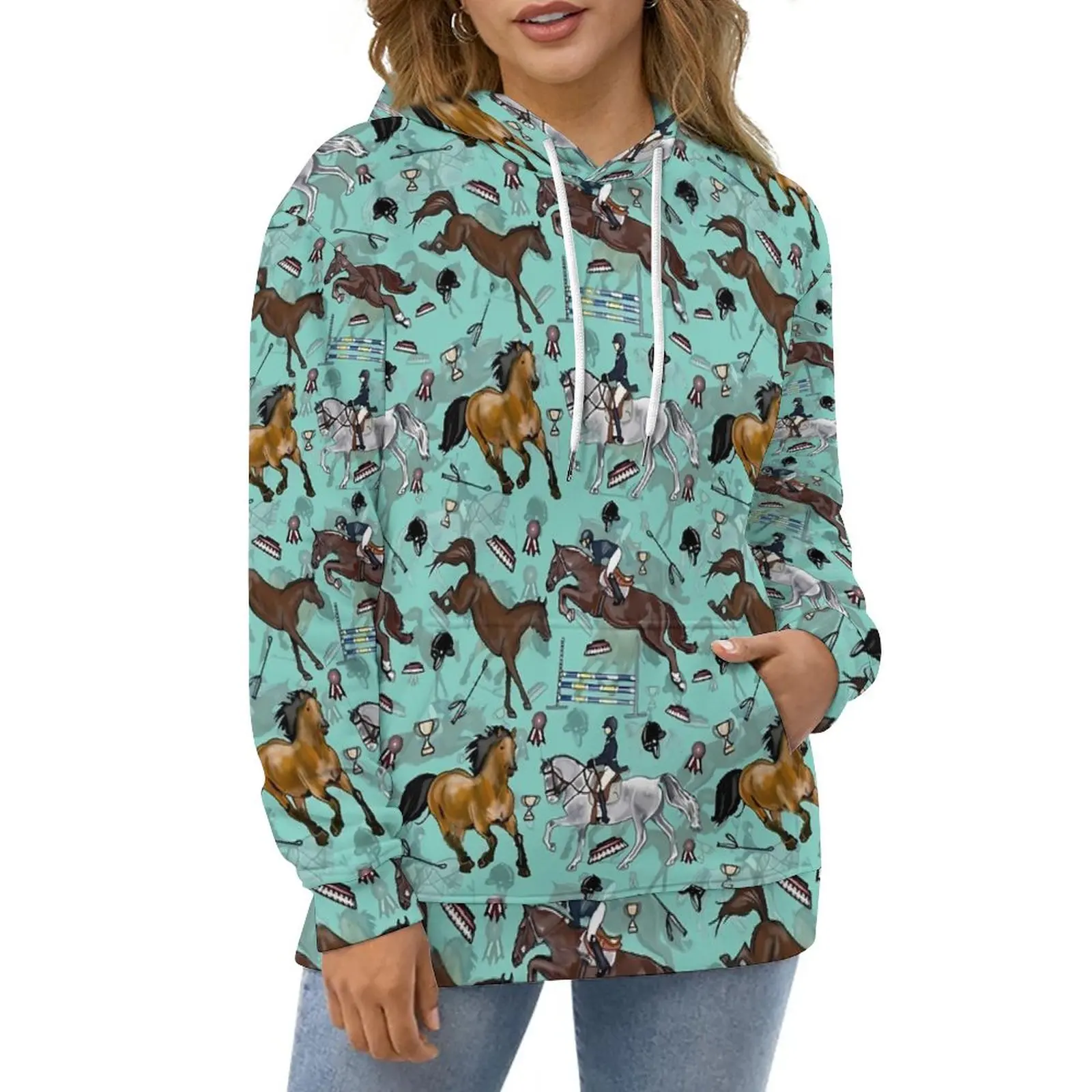 Equestrian Horse Casual Hoodies Retro Print Y2k Custom Loose Hoodie Winter Long-Sleeve Street Wear Oversized Top