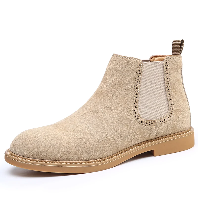 100% Natural Suede Leather Formal Chelsea Boots Men's Luxury Business Man Short Boots Round Toe Slip-On Ankle Boots Casual Shoes