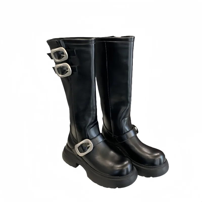 Women's Belt Buckle Leather High Boots Round Toe Height Increasing Square Heel Booties Fall Winter Chic Mid-calf Boots