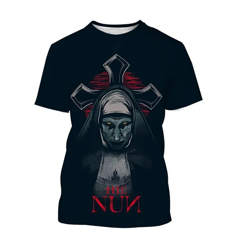 فيلم الرعب الراهبة ثلاثية الأبعاد تي شيرت مطبوع الرجال النساء موضة س الرقبة قصيرة الأكمام تي شيرت المتضخم Harajuku تيز القمم الذكور الملابس