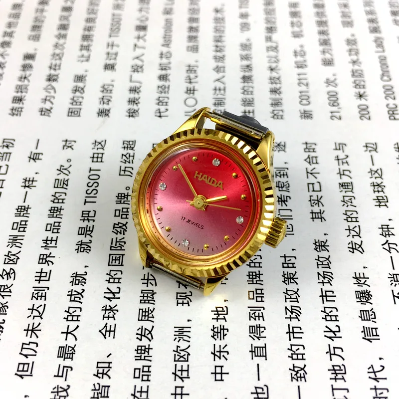 Stock original, montre mécanique manuelle pour femme de la marque Shanghai Haida, diamètre 24 mm, 1 bracelet offert, surface rouge rose