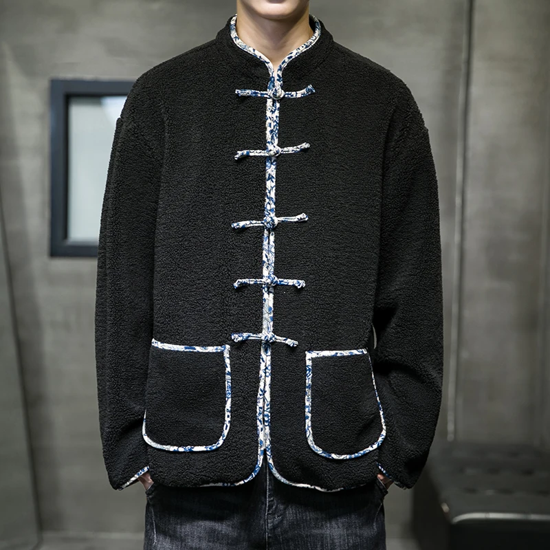 

Мужская зимняя утепленная куртка из овечьего бархата в стиле ретро, китайский костюм Тан, хлопковая стеганая куртка, молодежная повседневная одежда
