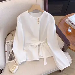 Temperament Long Sleeved Shirt Women's Spring And Autumn Bow Tie Unique Shirt Irregular Design Top