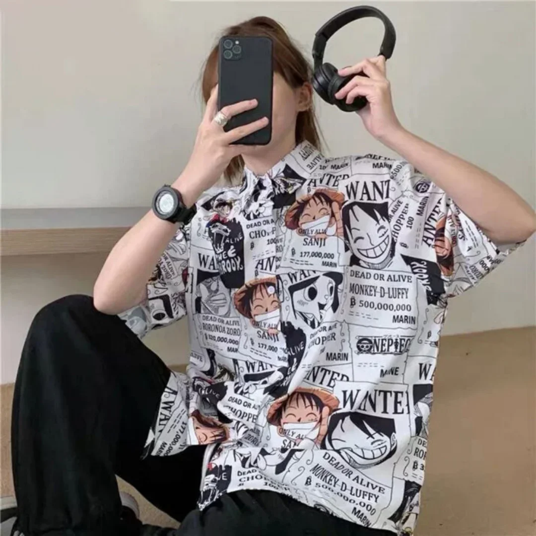 Summer Men's Casual Anime Kids Clothes One Piece Hawaiian Shirt Anime Print Loose Short Sleeve Tropical Vacation Shirt Tops