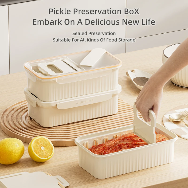 Kimchi Box, Kitchen Preservation Box, Sealed Storage Box, Large Capacity Cutting Box, Multifunctional Storage Box, Cream Color