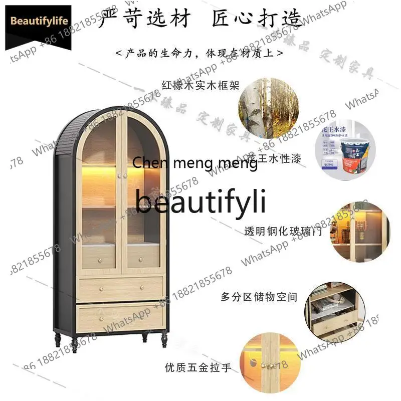 GG American-style Light Luxury Solid Wood Wine Cabinet Living Room Bookcase Vintage Carved Glass Door Storage Cabinet