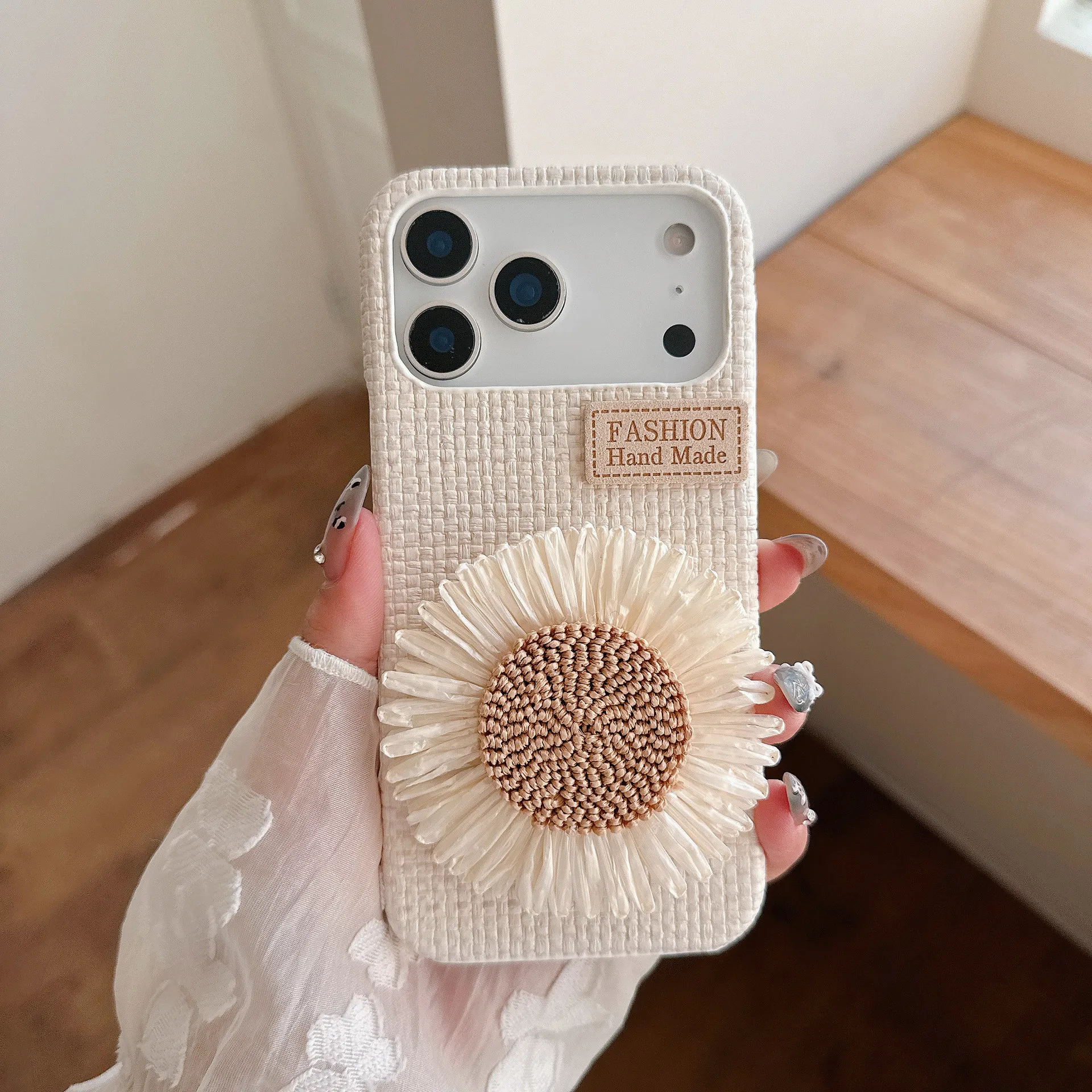 Sunflower Makeup Mirror Suitable for iPhone 17Promax Woven Pattern Phone Case 16Pro Bracket 15Plus Half Pack 14 Protective Cover