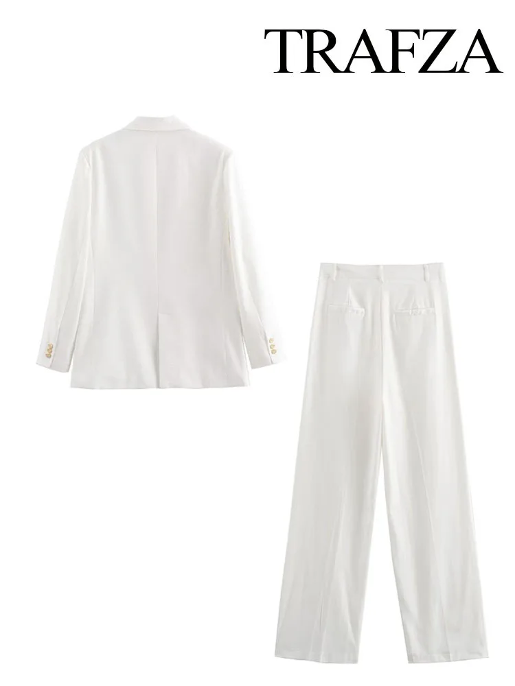 BabYoung Summer Fashion Women Suits White Turn-Down Collar Sleeves Single Breasted Blazers+ High Waist Zipper Long Pants