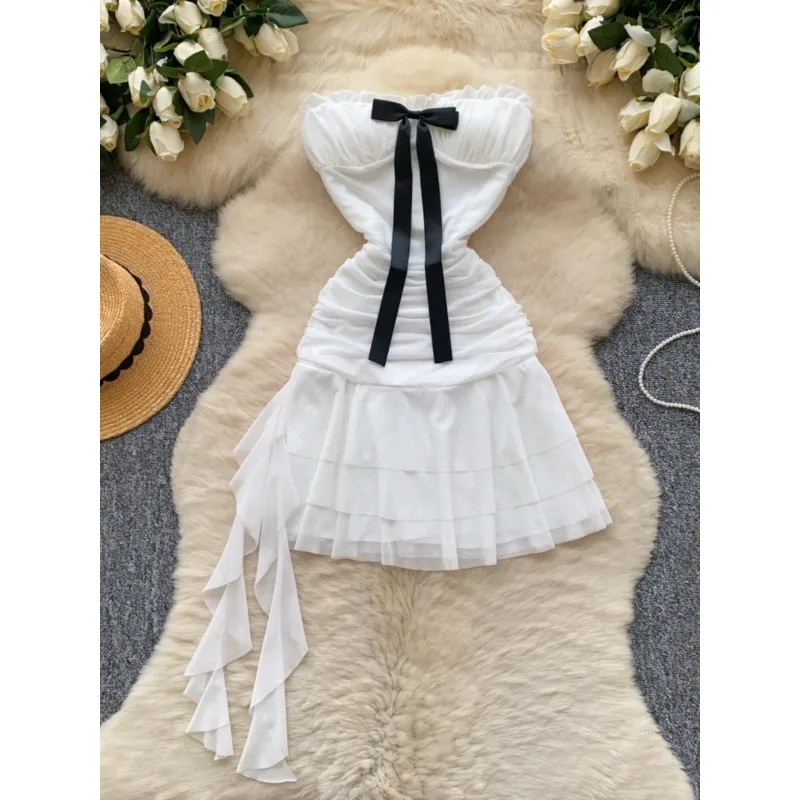

Fashion Hot Girl Lace A-line Mini Dress Women's 2025 New Summer Design Bow Pleated Waist Strapless Ruffle Short White Dress