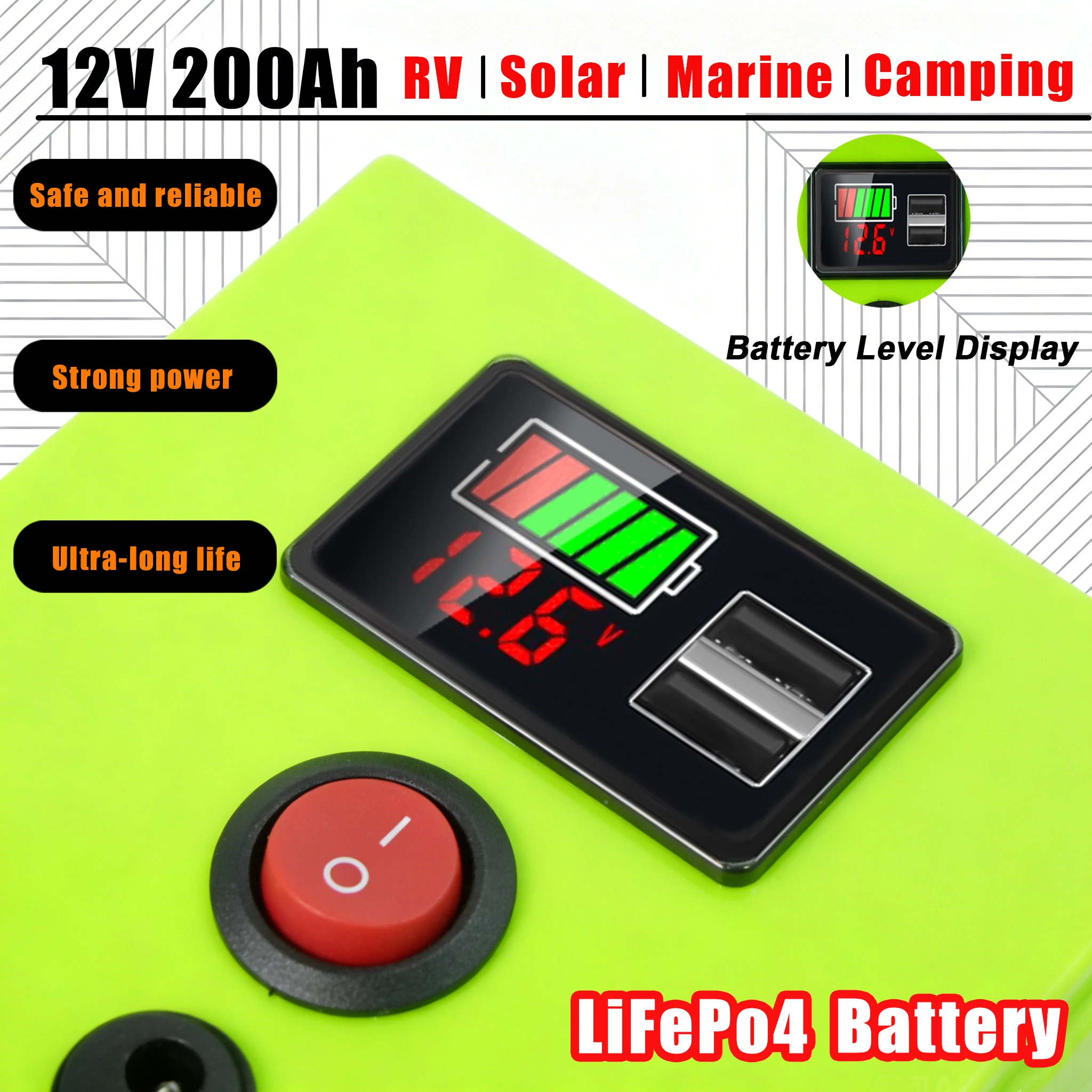 

☕️All-Weather Lithium Battery 12V 200Ah LiFePO4 Battery 200000mAh with Robust BMS, Designed for Marine and RV Use