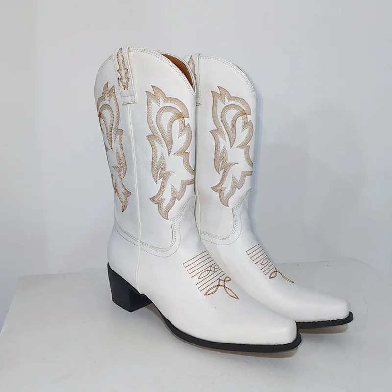 

White Cowboy Boots For Women Square Toe Embroidered Cowgirl Mid Calf Western Boots Pull-On Shoes