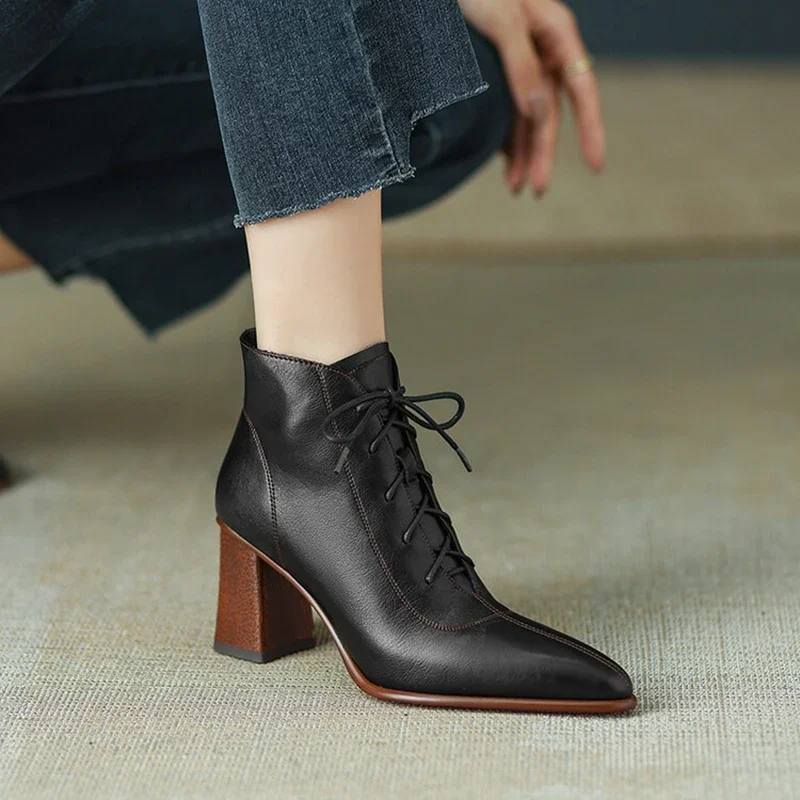 NEW Fall Shoes Women Pointed Toe Chunky Heel Shoes Women Retro Split Leather Modern Boots Concise Ankle Boots Women Brown Shoes