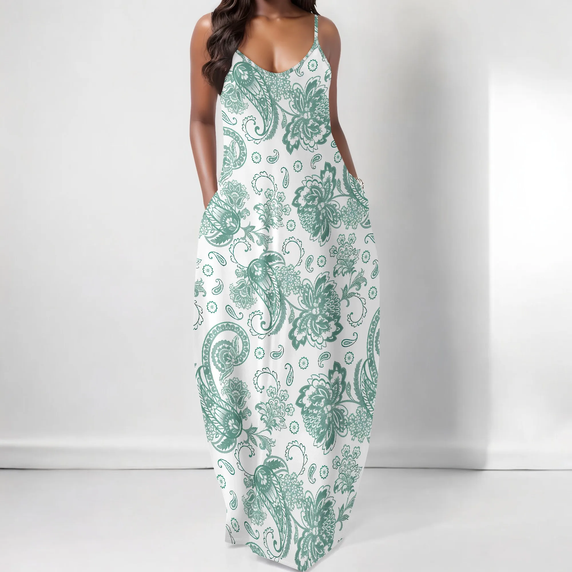 

EQQZD Sleeveless Round Neck Spaghetti Strap Maxi Dress with Pocket, Stylish Bohemian Floral Patterns Print Dress for Women