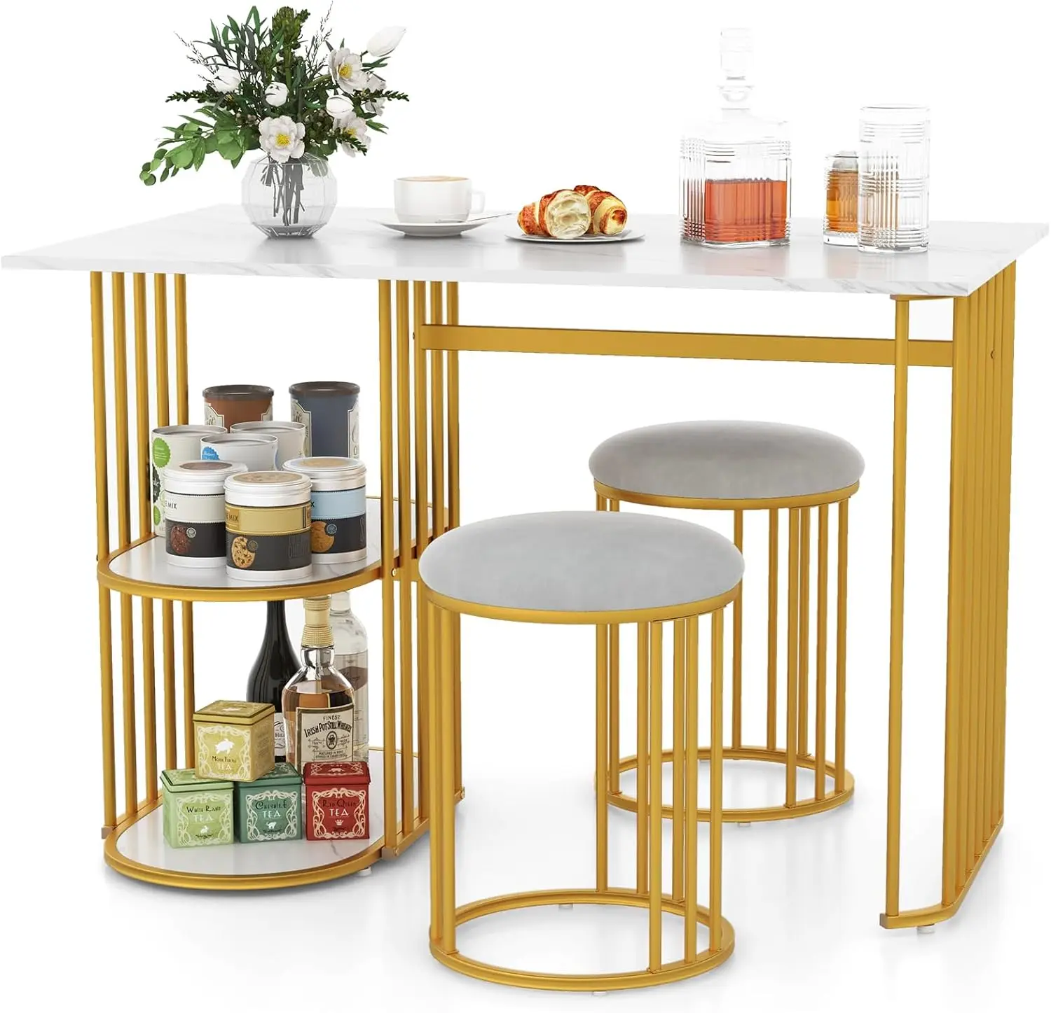 

3-Piece Dining Table Set for 2, Rectangular Kitchen Table with 2 Stools, 2-Tier Storage Shelf, Upholstered Seat, Faux Marble Top