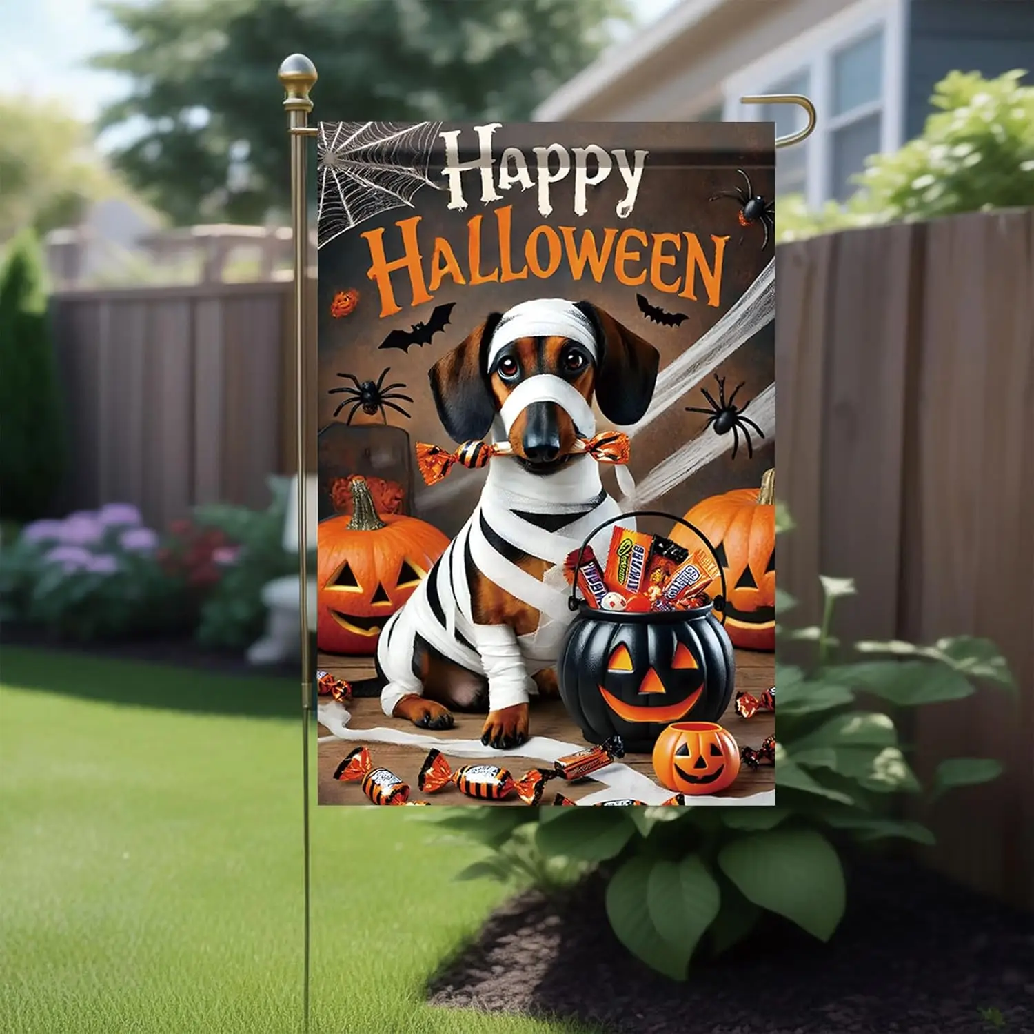 هالوين حديقة العلم المومياء الكلب الألماني اليقطين الحلوى 12x18 بوصة مزدوجة الوجهين في الهواء الطلق ساحة راية لخدعة أو علاج هانت FFI #4