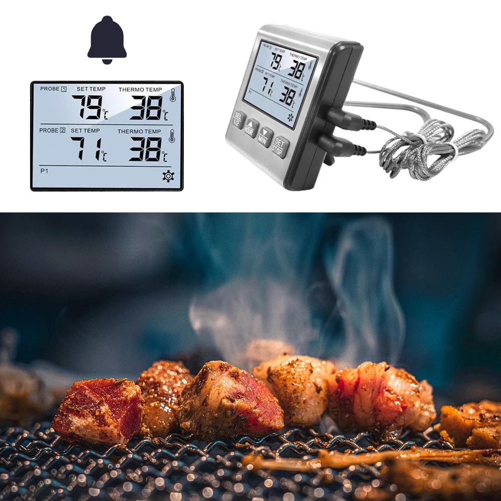 Termometro digitale con sonda in acciaio inossidabile allarme Timer per carne da cucina misurazione del misuratore di temperatura per la cottura