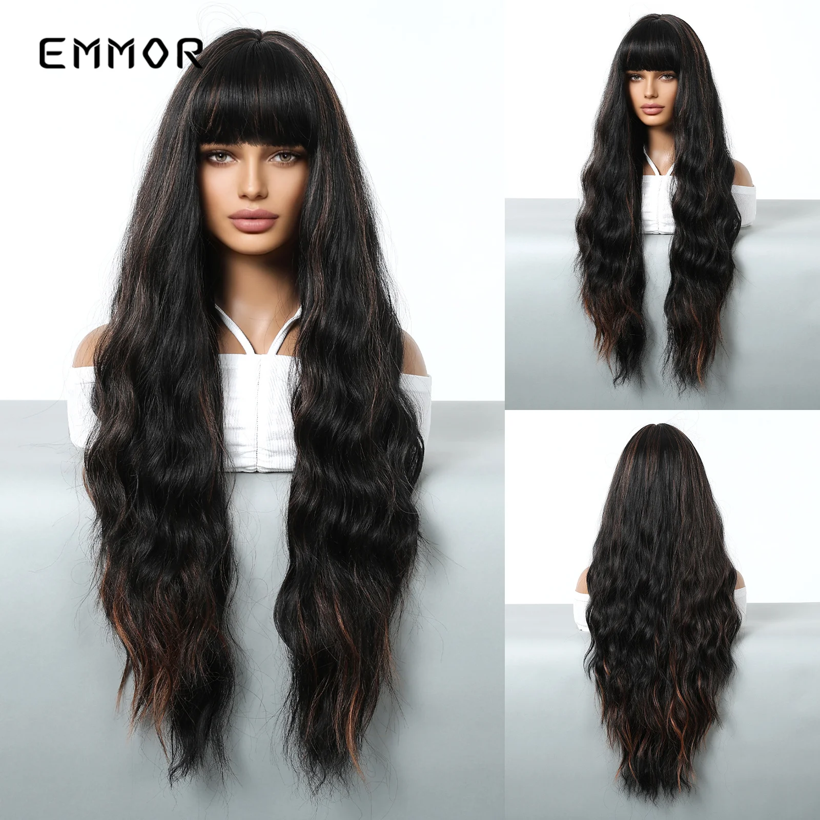 

Emmor Synthetic Long Wavy Wig with Bangs for Women Cosplay Natural Highlight Brown Hair Wig High Temperature Fiber Hair