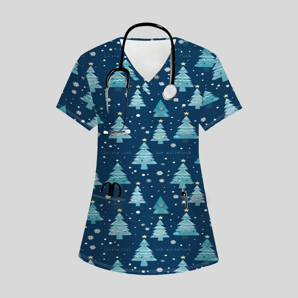 Weihnachts-Chirurgie-Uniform für Damen, T-Shirt mit V-Ausschnitt, einzigartigem Musterdruck, bequem, kurzärmelig, mit Taschen, klinische Uniformen