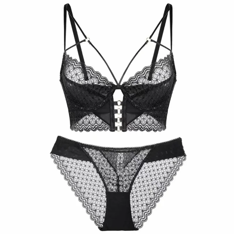 French Sexy Ultra-thin Lace Lingerie Summer Women's Breasts Prevent Sagging Intimates Set Female Sweet Solid Bra and Panty Set