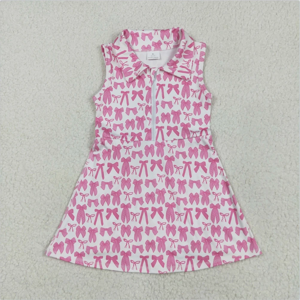 

Hot Sale Active Wear Baby Girls Pink Bows Yoga Zip Ruffle Active Wear Skort Knee Length Girls Athletic Toddler Girls Dresses
