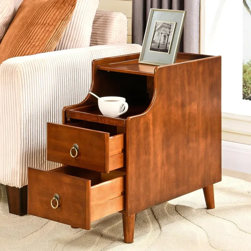 Narrow End Side Table with 2 Drawers and Pull-Out Tray No-Tools Assembly Sofa Beside Table for Living Room Slim Side Table