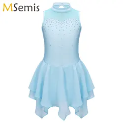 Rhinestone Sequins Figure Ice Skating Dress for Girls Kid Ballet Dance Dress Child Gymnastics Leotard Lyrical Tutu Skirt Costume