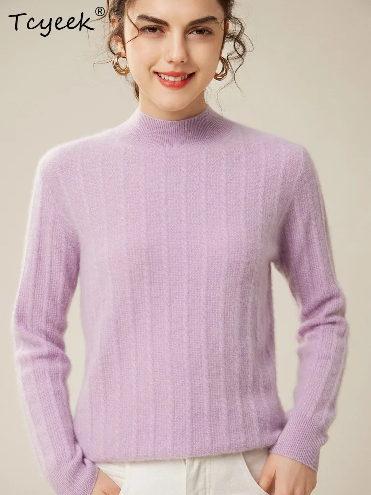 

Tcyeek, A-level 100%Goat Cashmere Sweaters, Women Mock Neck Stripe, Soft Elegant Boutique Sweater, Fall Winter Top T48090QM