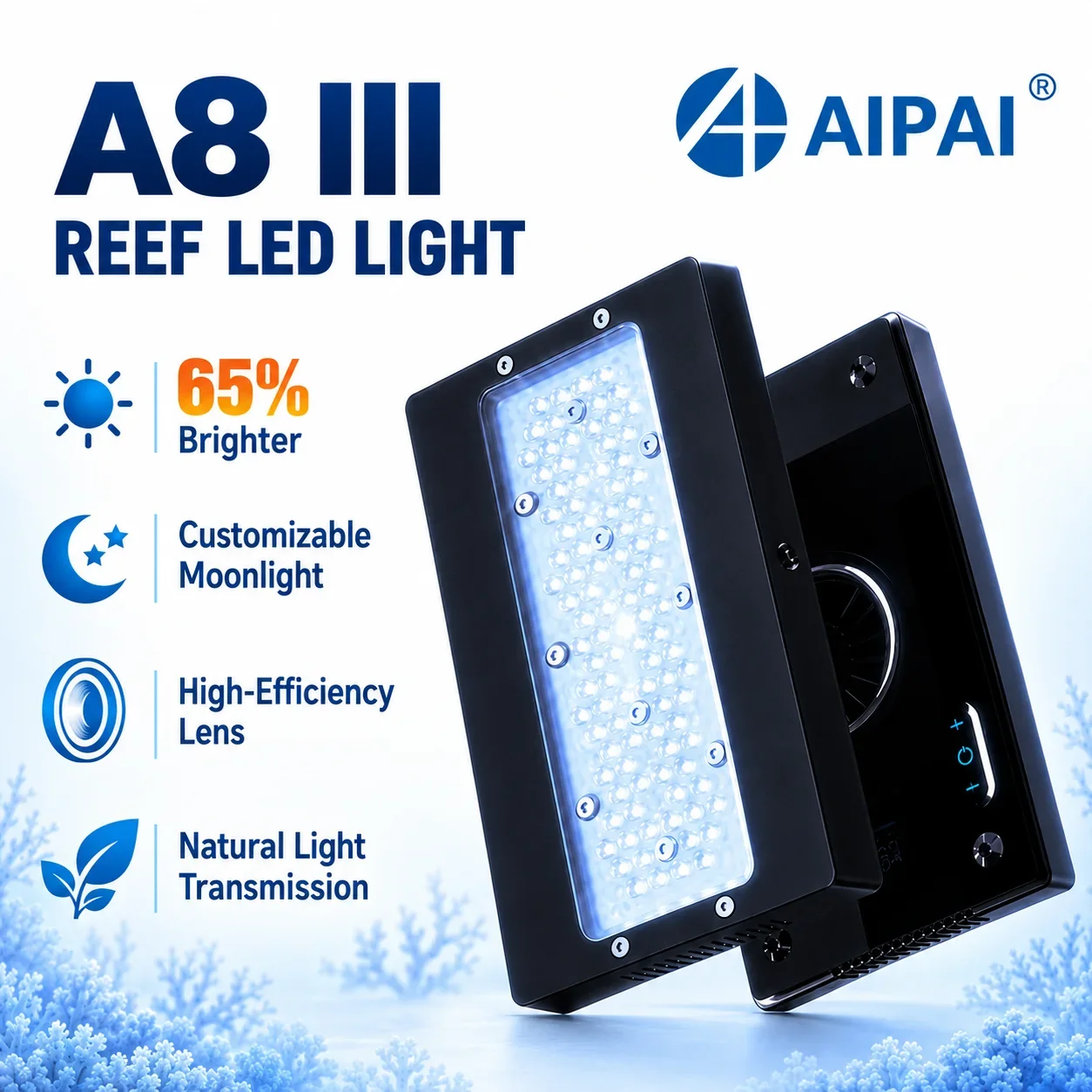 AIPAI A8 SE III MAX Blue 240W Full Spectrum WIFI App Marine Aquarium Coral Light for Saltwater Coral Reef Tank High-Efficiency