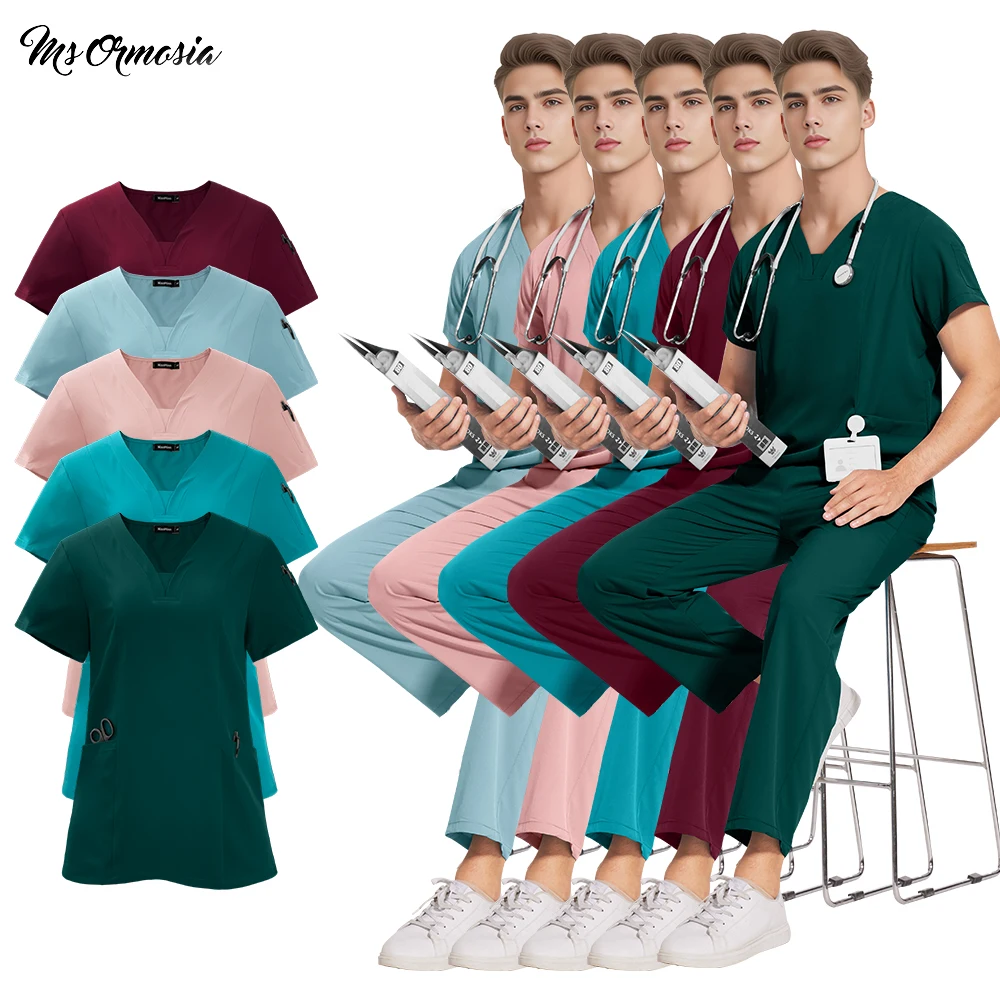 Multicolour Medical Surgical Uniforms Doctor Nurse Nursing Scrubs Sets Clinical Clothes Pocket Short Sleeve Tops Straight Pants