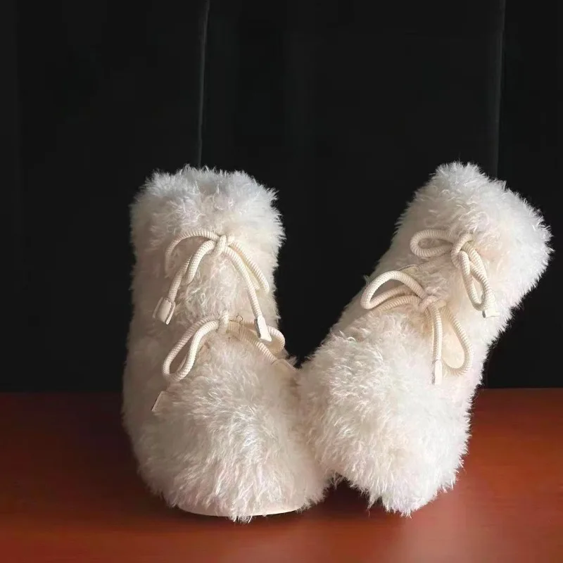 

White Fuzzy Shoes Platform Fashion Fuzzy Snow Boots for Women 2025 Non-Slip Booties Plus Fleece Thickened Large Cotton Shoes