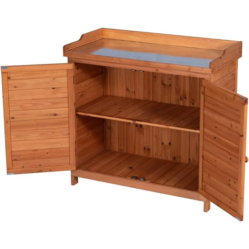 Outdoor Garden Patio Wooden Storage Cabinet Furniture Waterproof Tool Shed with Potting Benches Outdoor Work Station Table