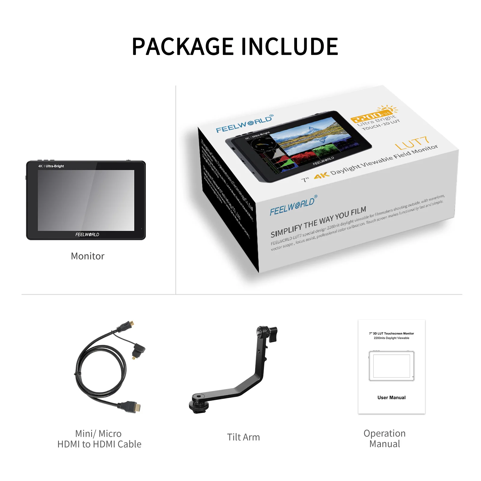جهاز مراقبة ميداني للكاميرا تعمل باللمس FEELWORLD ، إدخال HDMI ثلاثي الأبعاد ، شكل موجة خرج ، مخطط بياني لنطاق متجه ، LUT7 ، 7 "،
