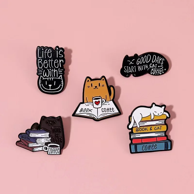 Pin Club | Cartoon Cat Book Coffee Brooch Animal Pet Reading Custom Metal Enamel Lapel Badges  Clothing Hat  Jewelry Accessories