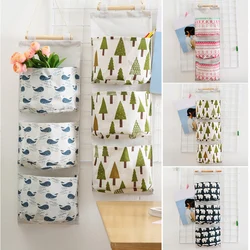 Wall Mounted Storage Bag with 3 Pockets, Linen Fabric, Waterproof, Door Closet, Hanging Organizer for Bath Bedroom, Home Kitchen