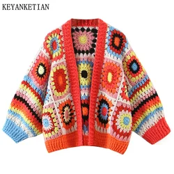 KEYANKETIAN Autumn New Hollow Hook Flower Geometric Short Knit Cardigan Women Bohemian Style Thick Line Sweater Buttonless