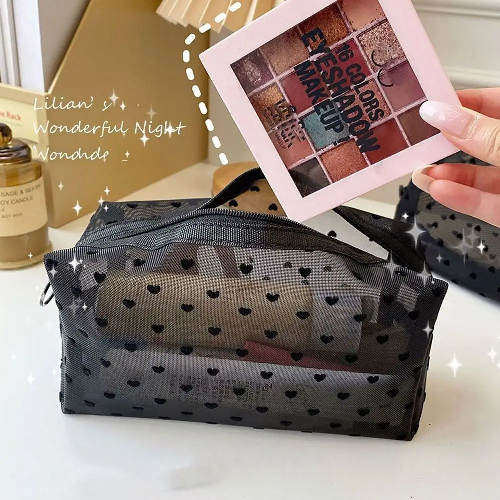 Heart Transparent Mesh Makeup Bag Black/Pink Portable Ladies Toiletry Storage Bag Multifunction Lipstick Organizer Bags