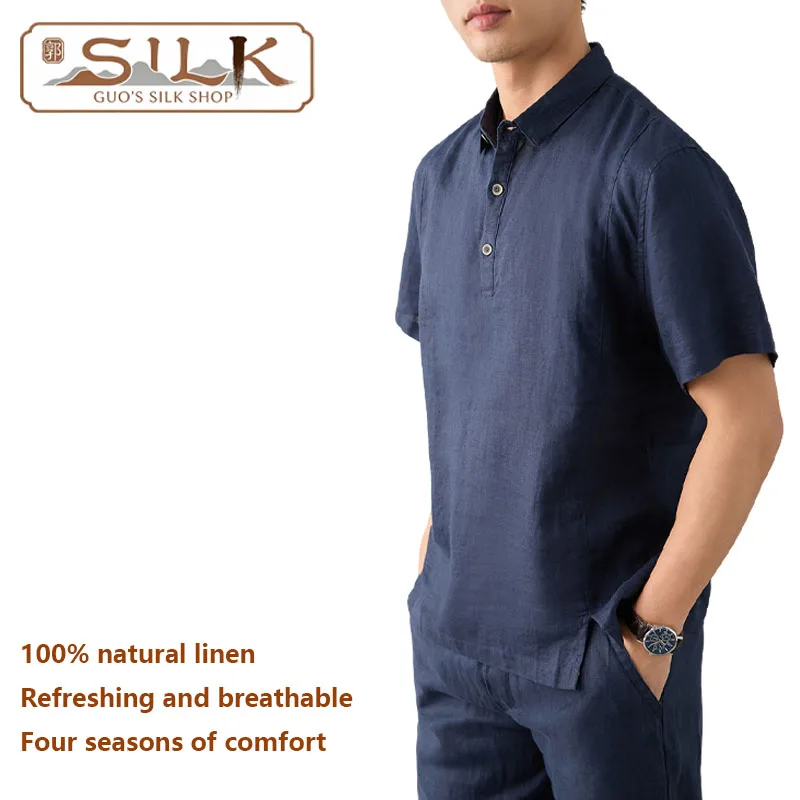 

Высококачественная мужская футболка из натурального льна, рубашка-поло с коротким рукавом, простой однотонный топ для весны/лета, прохладный и комфортный.