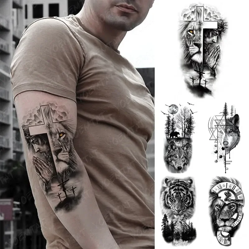 

5PCS Waterproof Temporary Tattoo Sticker Praying Cross Lion Tiger Wolf Cross Wild Animal Women Men Arm Fake Sleeve Tattoos