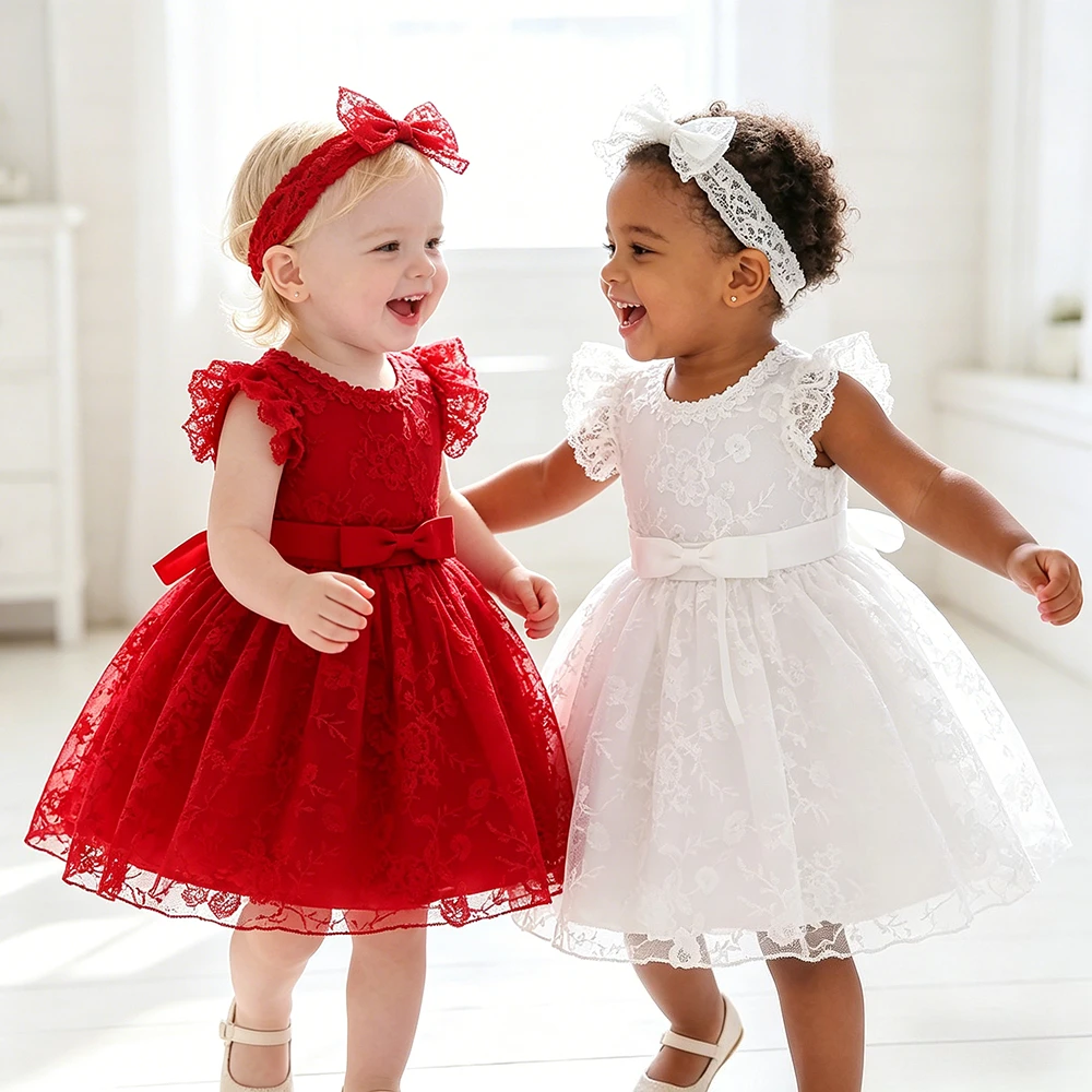 Sommerkleid für Babymädchen mit Blumenstickerei und Flügelärmeln, Niedliches Weißes Netzkleid mit Hut, Ideal für Outdoor-Aktivitäten ASQ03