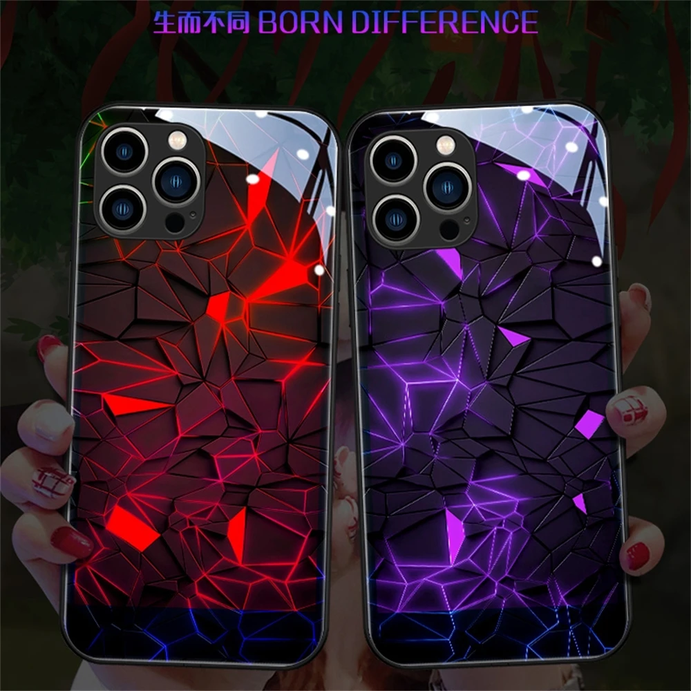 

Colorful Glass Rhombus Design Smart LED Light Glowing Tempered Glass Phone Case For iPhone 16 E 15 14 13 12 11 Pro Max XR X Plus