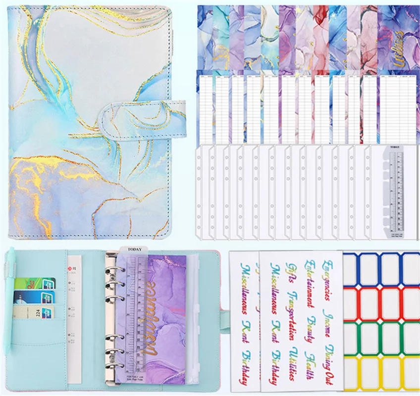 A6 Marble Colorful Money Budget Planner Binder Zipper EnvelopesCash Envelopes For Budgeting Money Organizer For Budget Binde