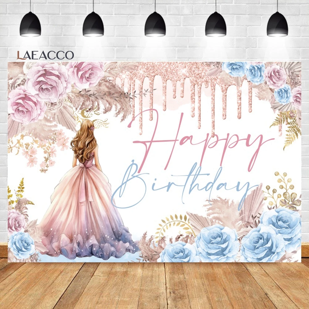 

Laeacco Quinceanera 15th Birthday Backdrop Pink Glitter Floral Crown Butterfly Girls Portrait Customized Photography Background